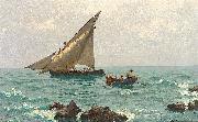 Morgenstimmung an der Adria mit Fischerbooten und Langustenfischern. Im Vordergrund felsige Kuste. Julius Ludwig Friedrich Runge